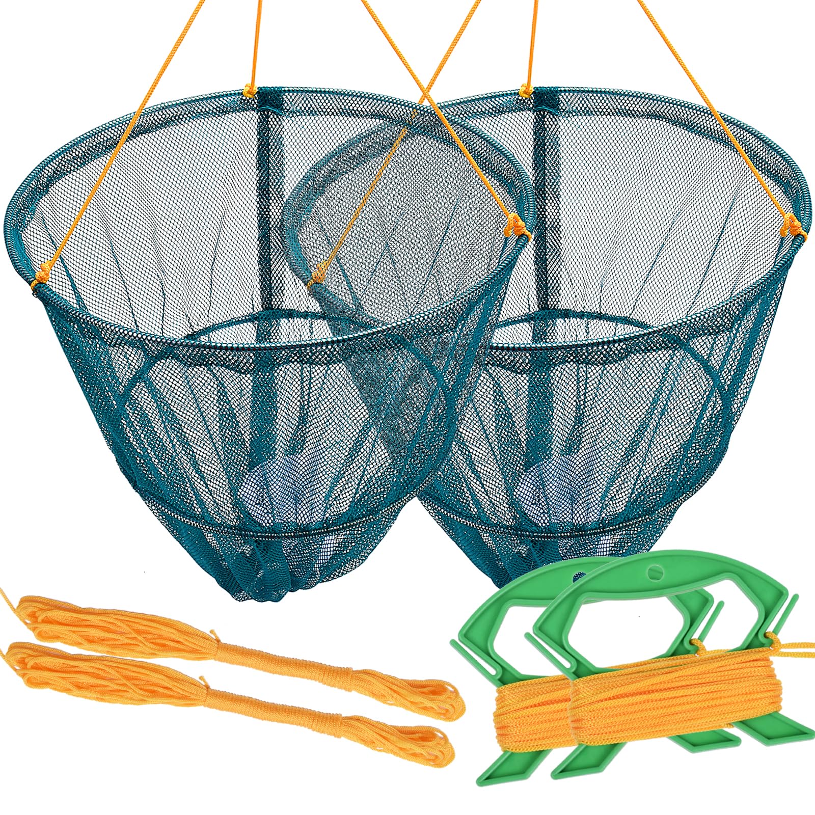A1FISHER Set of 2 Crab Drop Net with Bait Bag & Rope & Line Handle for Catching Crab, Fish, Prawn, Crayfish, Lobster, Portable Crabbing Kit for Outdoor, Green W30cm x H25cm