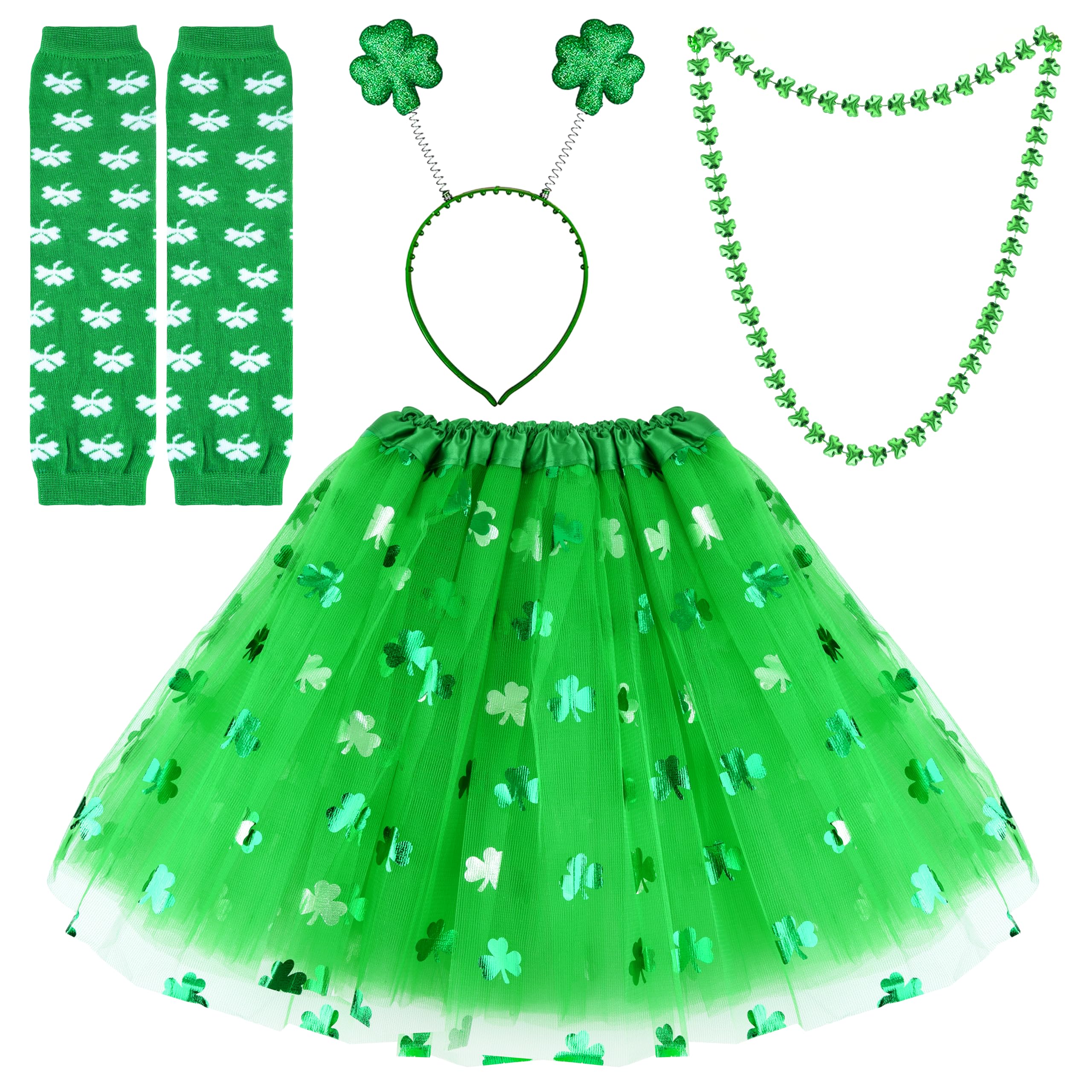 FEPITO St.Patrick's Day Parade Costume Accessories Set Includes Shamrock Green Tutu Tulle Skirt and Shamrock Headband Necklace for St.Patrick's Day Decoration Party Supplies