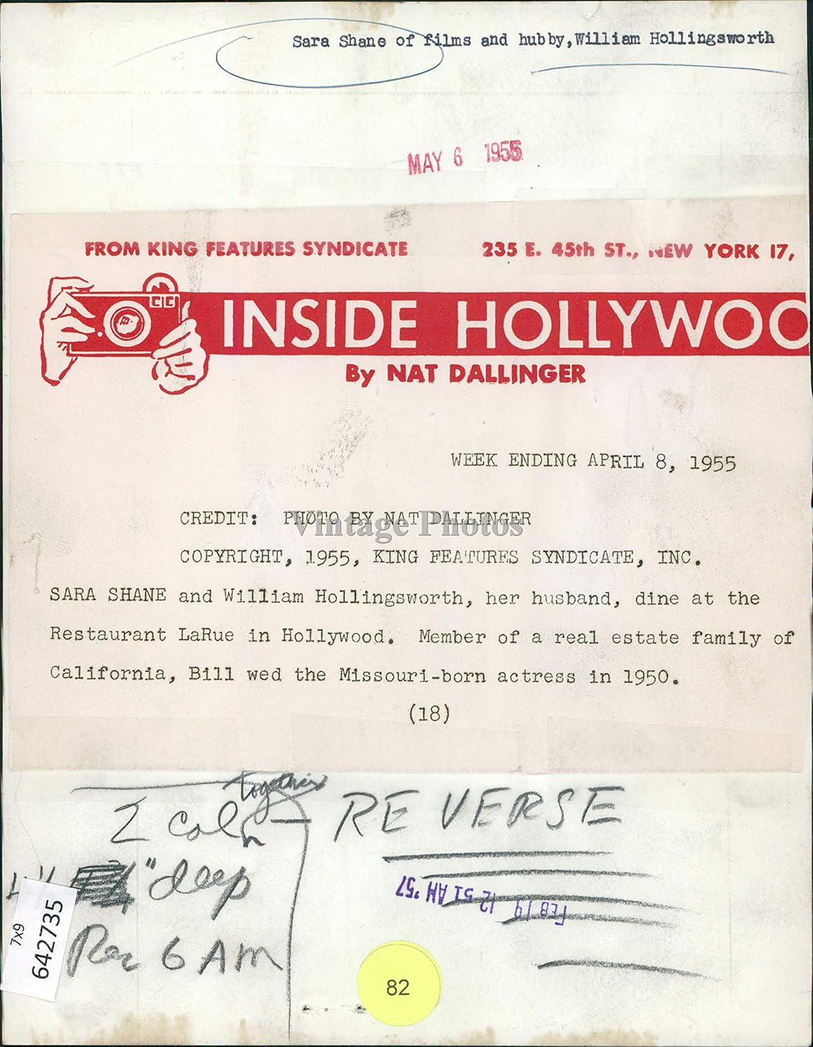 Amazon Co Jp ビンテージ写真 1955年 プレス 写真 女優 サラ シェーン ウィリアム ホリングズワース ラー ハリウッド 7x9 ホーム キッチン