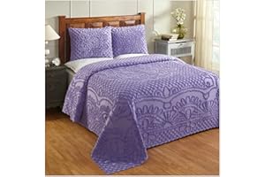Better Trends 100% Cotton Chenille, Coverlet Bedspread Full Size 96" x 110", Lavender Soft Lightweight All Season Bedspreads Medallion Bedding Set, 2 Standard Sham,