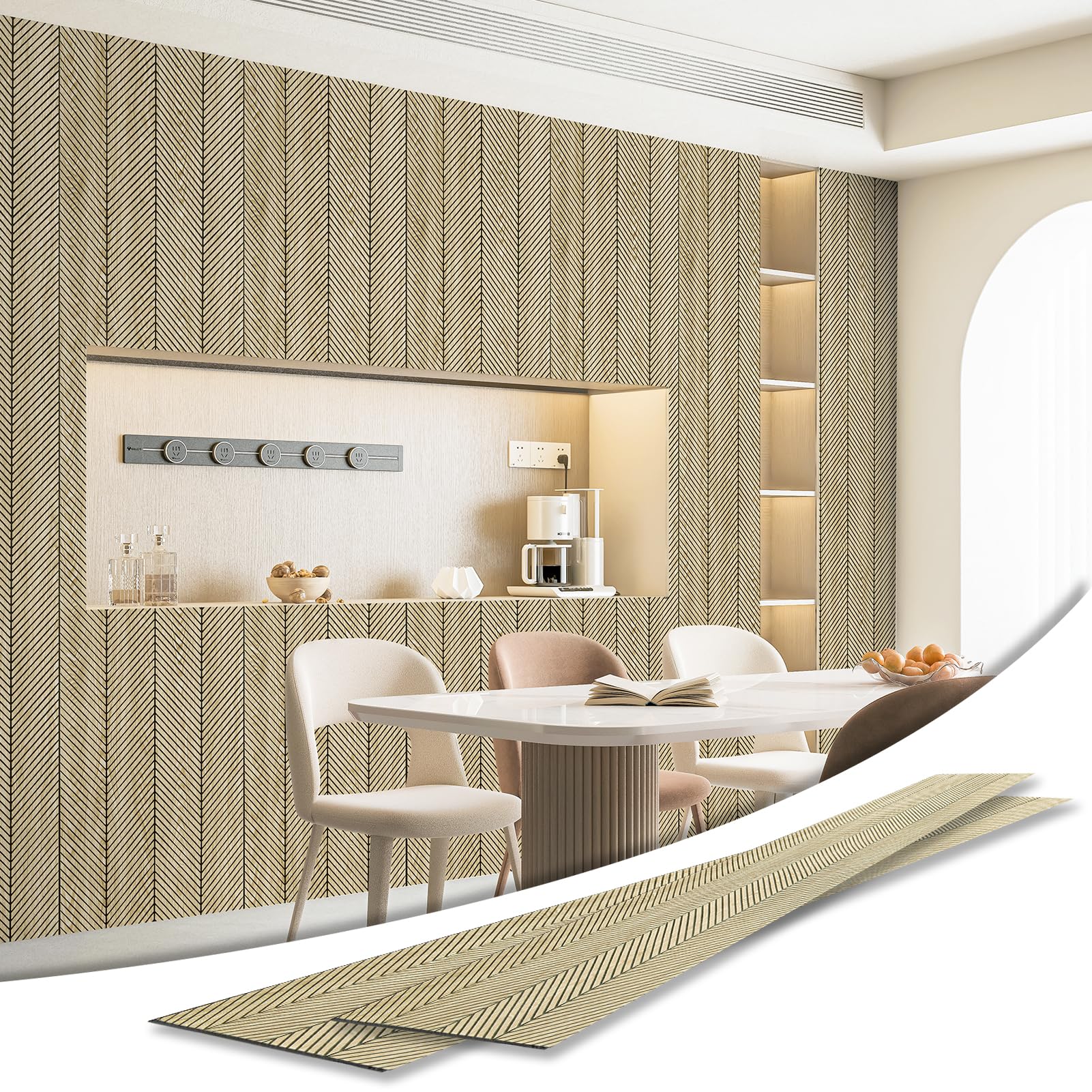 Photo 1 of Art3d 4-Pack Glue-On Herringbone Wainscoting Panel for Interior Wall Decor - 104 x 12 Inch Polystyrene Ultralight Slim Slat Wall Panels for Living Room Bedroom, Oak