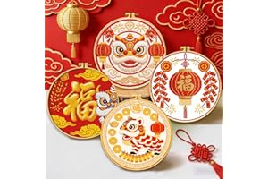 Zhenqing 70850 4 Pieces Chinese New Year Cross Stitch Kit for Beginners, 11ct Stamped 24x24cm with Hoop, Lion Dance, and Fu C