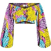 HongyuAmy Women's African Long Sleeves Blouse Ankara Print Lantern Sleeve Top Kente Off Shoulder Shirt