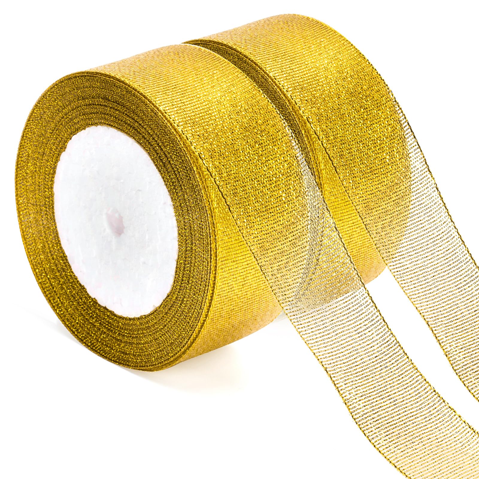 KINGLAKE Gold Organza Ribbon - 40mm Glitter & Sparkly Metallic Wrapping Ribbon for Wrapping, Cake Decorations, Crafts, Bouquets, Weddings