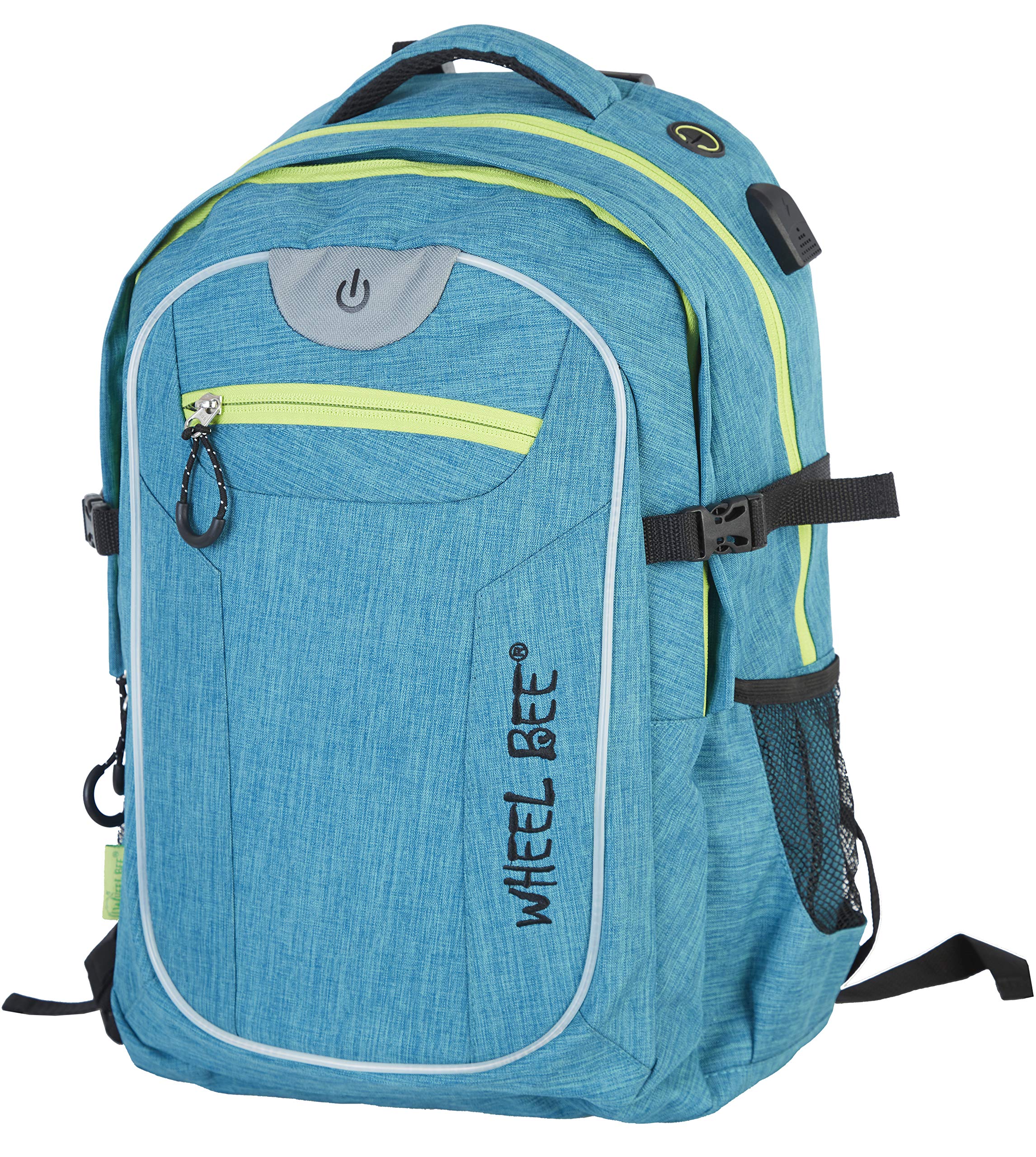 Wheel Bee Revolution Backpack, Design: Turquoise, with Integrated LED Light (Green) and Reflective Strips for Safety and Visibility, Volume 30 Liters, Numerous Compartments, 950051