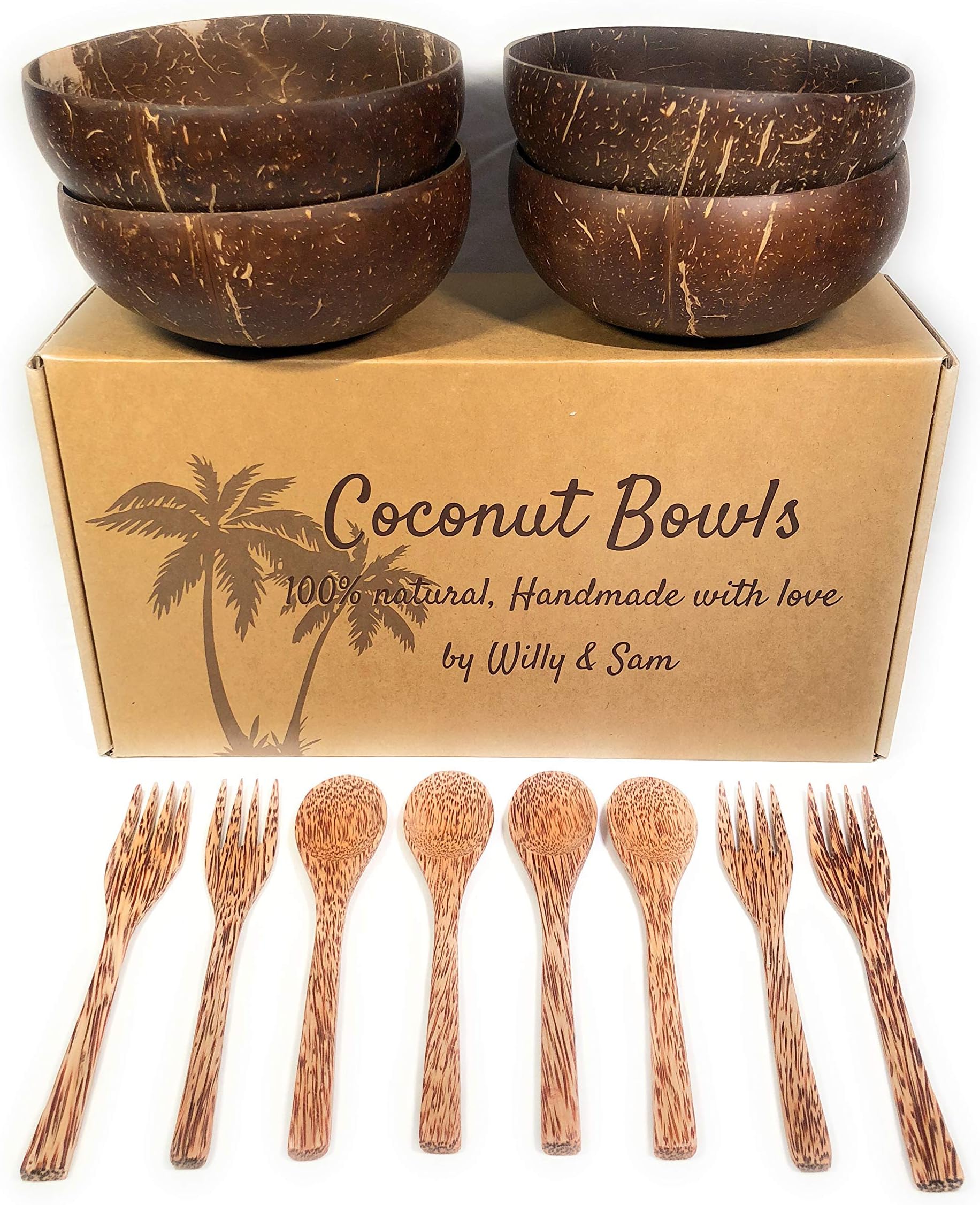Set of 4 Coconut Bowls, 4 Spoons and 4 Forks 100% Natural and Vegan, Handmade with Love, Ideal for Making Organic Breakfast, Smoothie, Salad or Buddha Bowl, Unique Gift
