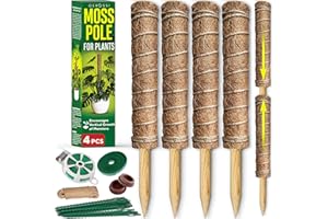 GEROSSI Premium Moss Pole for Plants 4-Pack - 48 Inch Sturdy Plant Support Stakes - 16.5" Extendable Poles for Monstera & Climbing Plants - 100% Natural Garden Sticks - Complete Kit w/Ties, Velcro & Rope