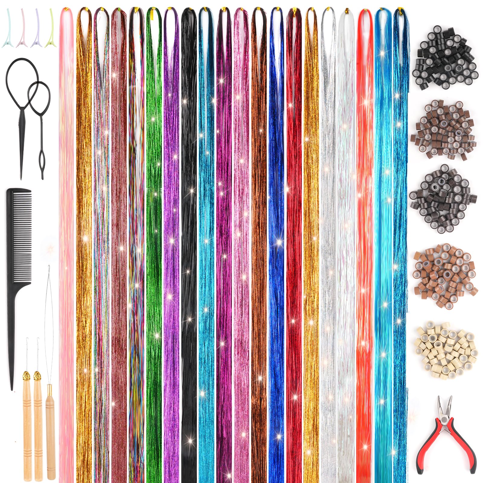 Hair Tinsel Kit With Tools, 20 Colours 4000 Strands Glitter Extensions, 47 Inch Sparkling Shiny Tinsel, Heat Resistant Fairy Accessories for Women Girls Party Cosplay Decor