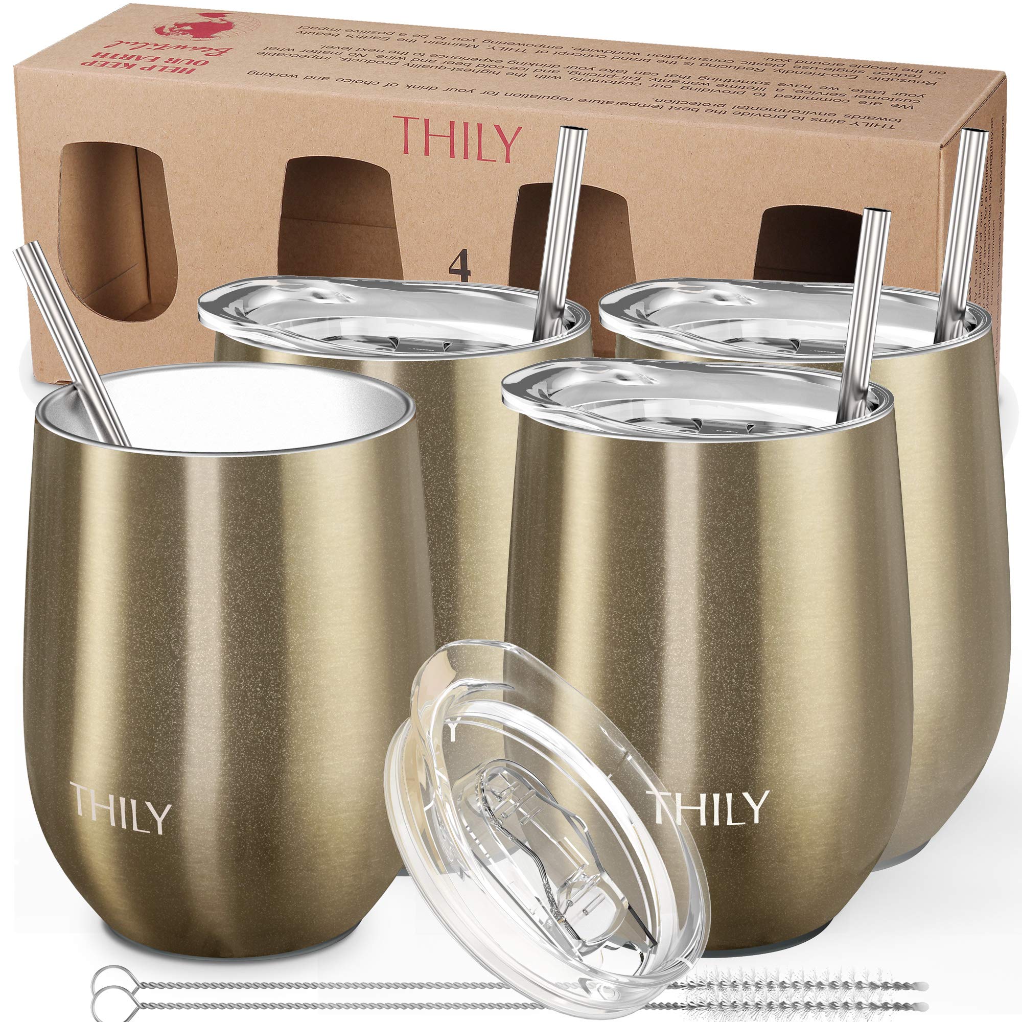 THILY Stainless Steel Insulated Wine Tumbler 4 Pack Stemless Wine Glasses Set with Lid and Straw, Reusable, BPA Free, Cute Travel Cup for Coffee, Cocktails, Sparkle Champagne