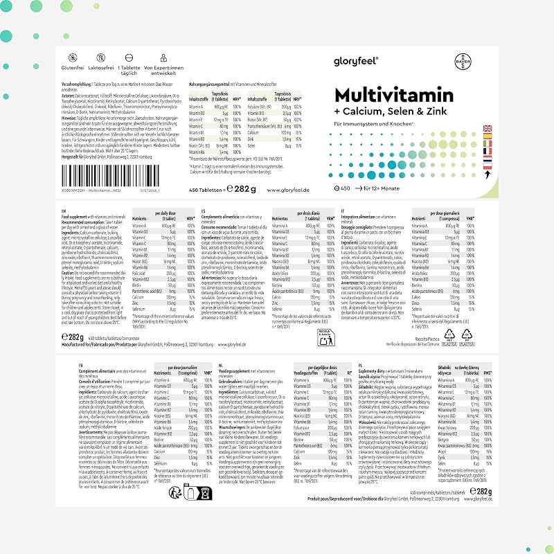 Multivitaminico Completo - 450 Compresse, Maxi Formato, Integratore Multivitaminico con Vitamine e Minerali, Vitamine A,B,C,D3,E, Calcio, Zinco, Selenio - Confezione multipla