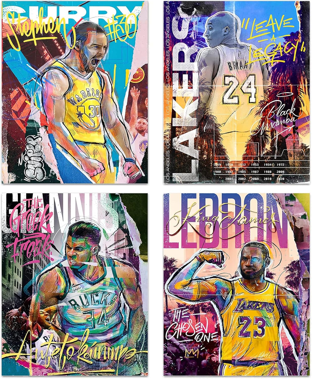 Wall Décor - Basketball Stars Wall Art, Graffiti Basketball Art Prints, Stephen Curry Lebron James Giannis Antetokounmpo Canvas Motivational Posters for Boy's Room Man Cave Home Decor, 4-Set (8