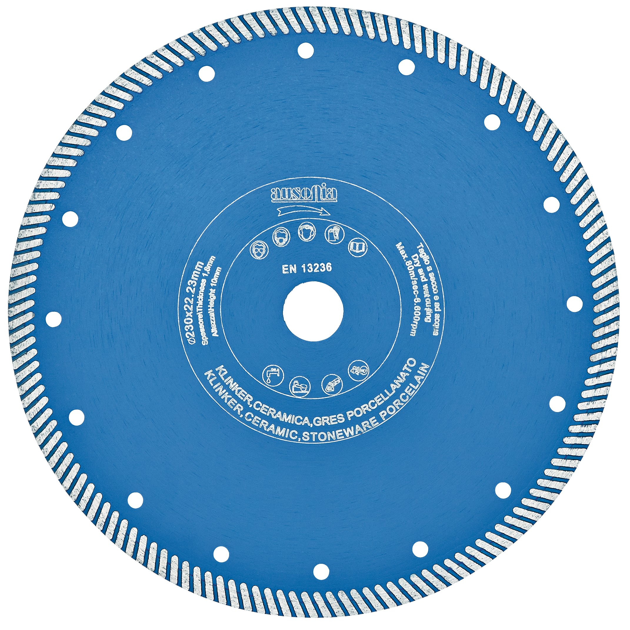 AUSONIA - 50272 turbo diamond disc blade Professional for Ceramic and Stoneware porcellanato. Height: 10 mm, 22.2 cm, thickness 1.2 Crown 115. Cut cut or water cut is the same