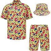 Taepoet Mens Hawaiian Shirts and Shorts Set 2 Pieces Beach Outfits Summer Vacation Tropical Suit with Bucket Hats