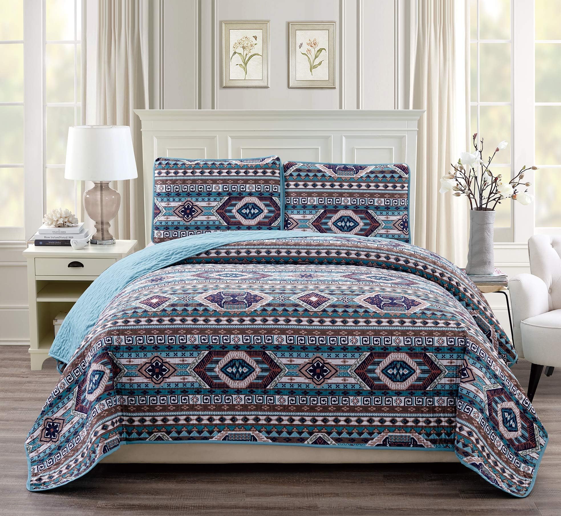 Rustic Western Southwestern Native American Quilt Set in Beige Taupe Brown Turquoise and Navy Blue Colors - Bedspread Set San Antonio (King/Cal-King)