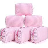 Sanwuta 6 Pcs Seersucker Cosmetic Bags Bulk Seersucker Makeup Bags Stripe Women Pouch Large Preppy Storage Pouch Toiletry Travel Organizer for Wedding Bridesmaid Bride Favor Mom Gift (Pink)
