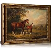 Vintage Gold Framed brown Horse Wall Art, Serene Mother and Foal Oil Wall Decor, Farmhouse Retro landscape Picture Poster, Rustic Animal Canvas Print Artwork for Living Room Bedroom Office Dorm