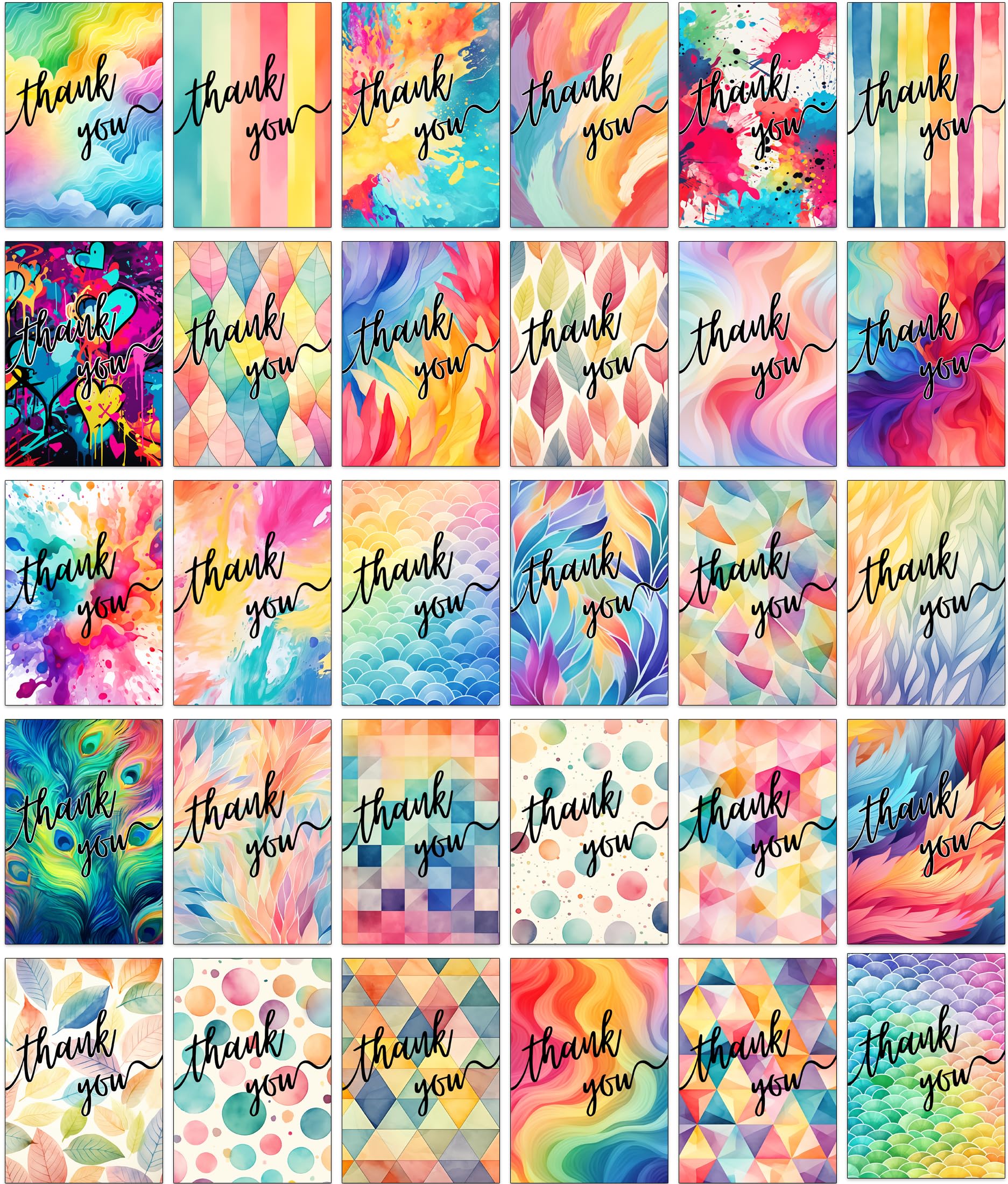 30 Bright Colourful Thank You Cards - 30 Different Watercolour Patterns to Say Thanks - with Envelopes