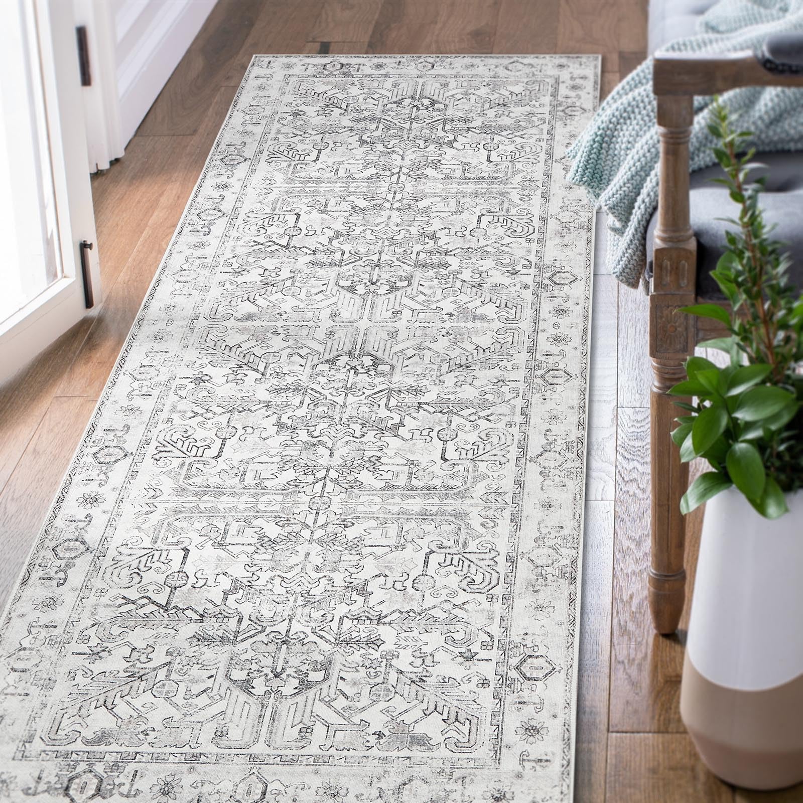 TOPICK Runner Rug 60x210cm Hallway Runner Washable Grey Vintage Rug Lightweight Non Slip Carpet for Kitchen Bathroom Bedroom Entrance