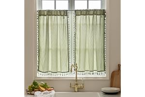 VOILYBIRD Kitchen Window Curtains Over Sink 24 Inch Length Boho Tassel Tiers Cafe Curtains Zigzag Design, 2 Panels, Sage Green