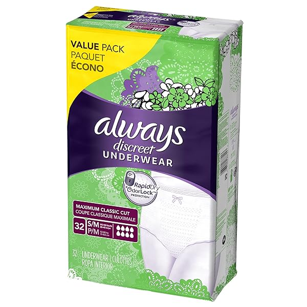 ALWAYS DISCREET ADULT DIAPERS FOR WOMEN, INCONTINENCE UNDERWEAR, POSTPARTUM ESSENTIALS, DISPOSABLE BRIEFS, MAX ABSORBENCY, BLADDER LEAK PROTECTION, SMALL/MEDIUM, 32CT