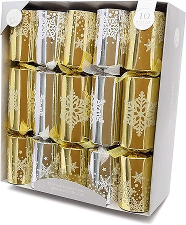 Scherzi Regali Di Natale.Christmas Jingle 10 Cracker Di Natale Deluxe Regali Festa Cappello Scherzo 10 X 14 Crackers Fiocchi Di Neve Oro E Argento Amazon It Casa E Cucina