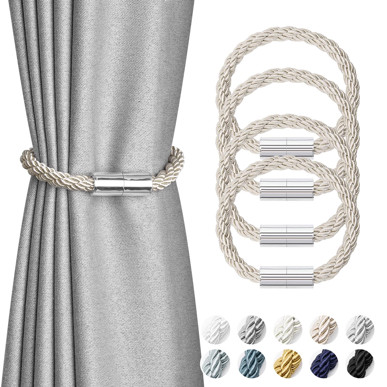 Pretty Jolly 4 Pack Mini Magnetic Curtain Tiebacks Modern Simple Style Drape Tie Backs Elegant Decorative Weave Rope Curtain Holdbacks for Home & Office Thin Window Draperies (Beige)