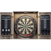 Accudart Match Pro Dartboard Cabinet Set with Auto LED | 18-inch sisal board. Auto LED lights on door open. Woodgrain cabinet with dart holders. Chalkboards. 6 darts included.