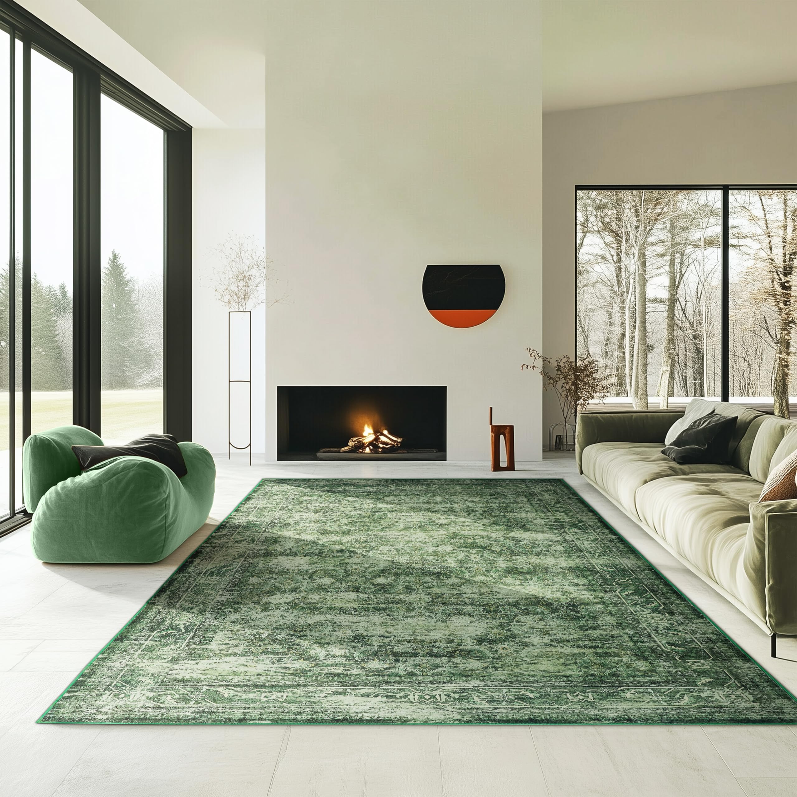 Photo 1 of 6x9 ft Area Rug Green – Boho Indoor Rug, Machine Washable, Low Pile, Non-Slip, for Living Room, Bedroom, Dining, Home Office