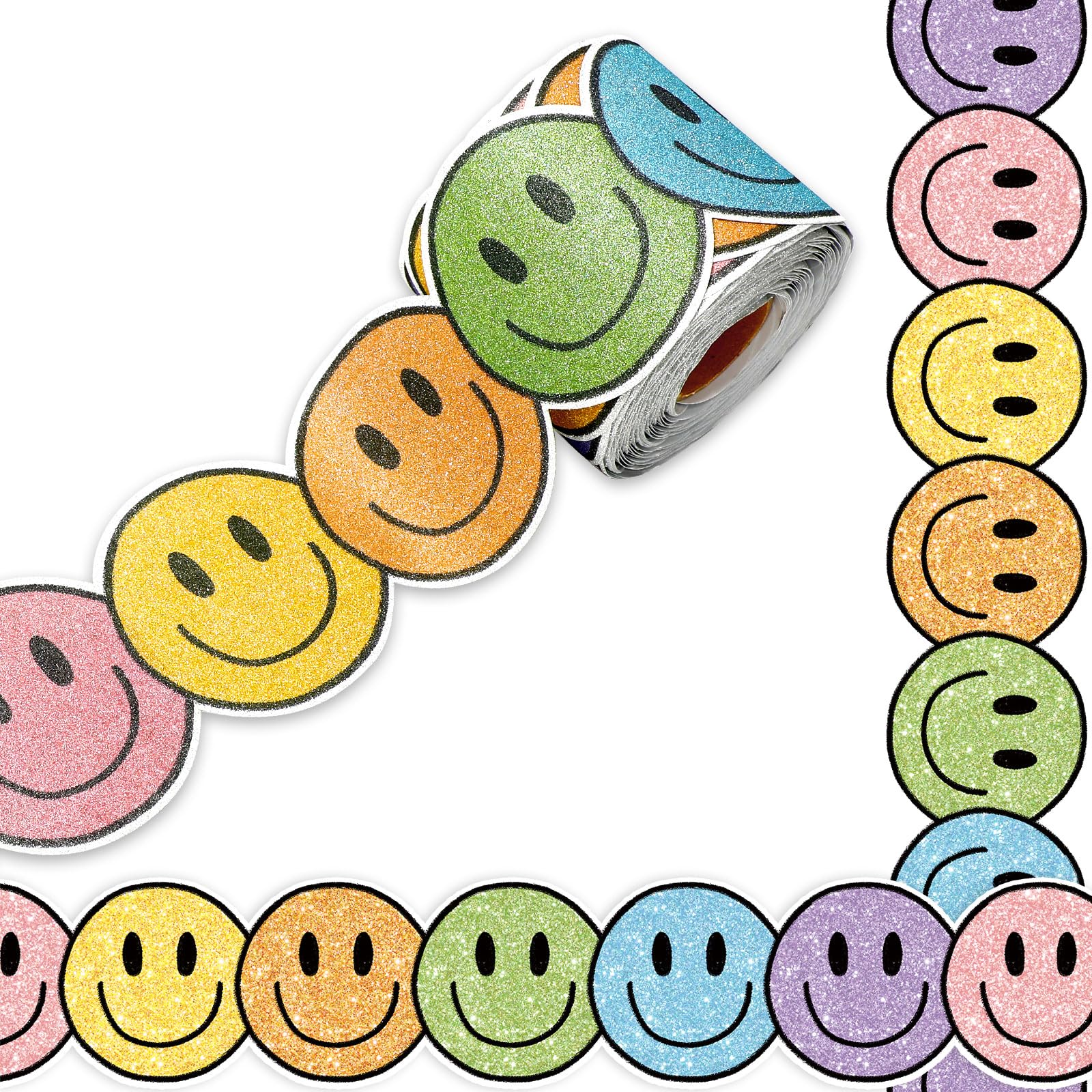 Photo 1 of Whaline 65.6Ft Back to School Boho Happy Face Bulletin Board Border Glitter Pastel Smile Face Die Cut Trim Border Roll for Classroom Chalkboard Wall Decor