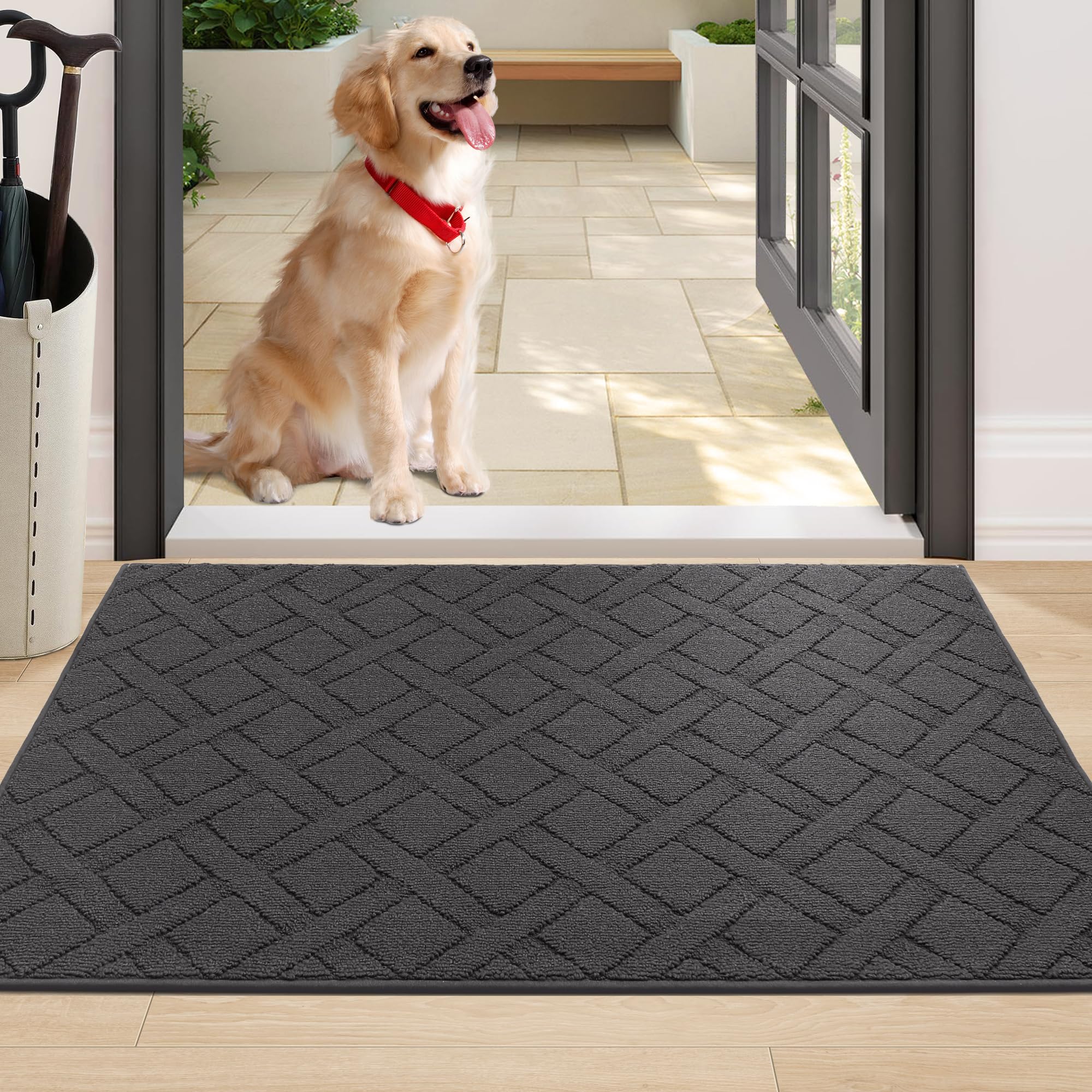 Photo 1 of COSY HOMEER Door Mat Indoor Entrance, Non-Slip Absorbent Doormat for Front Door, Low-Profile Entryway Mat for Muddy Paws, Washable Dirt Trapper Mats (32"x48", Dark Grey)
