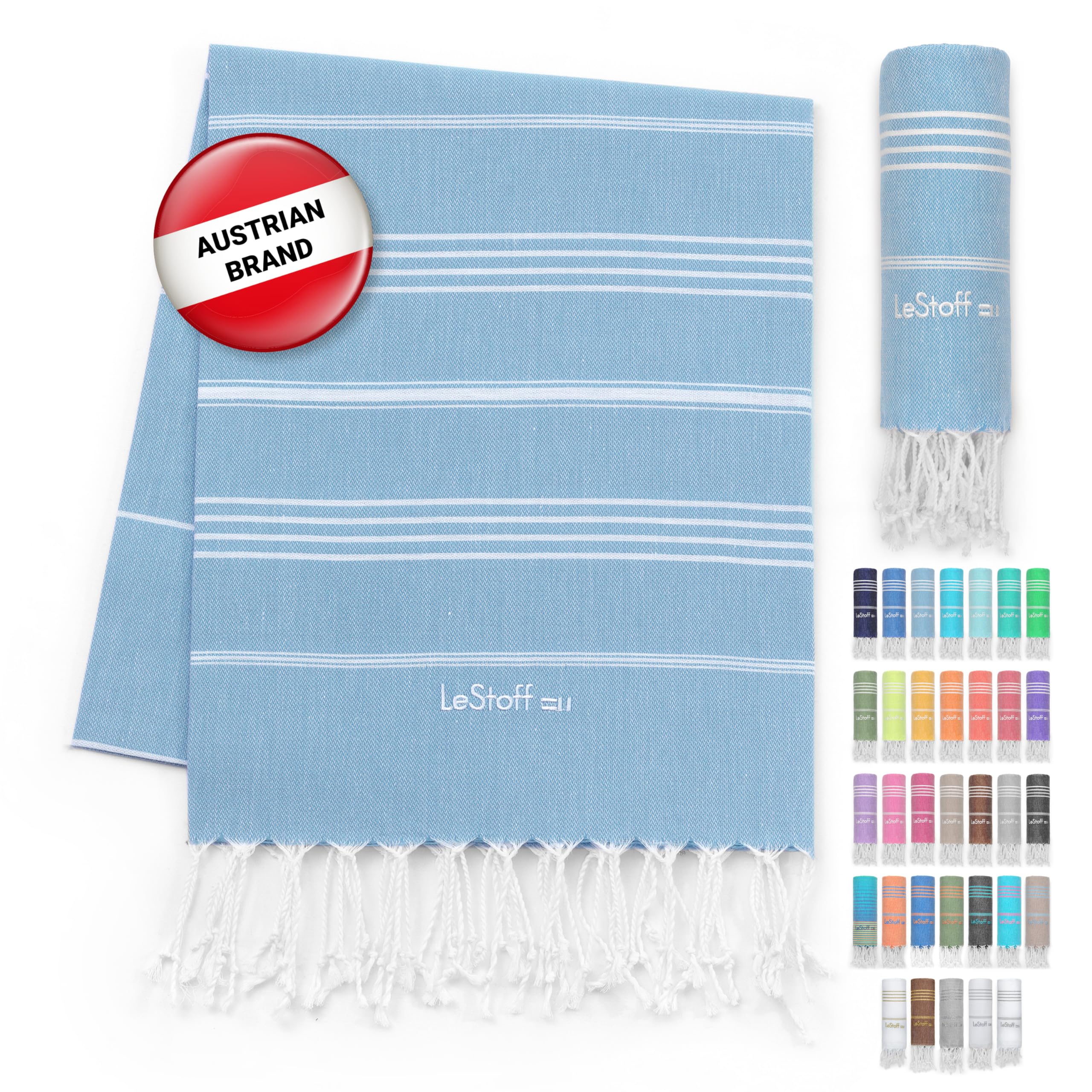 LeStoff Turkish Hammam Towel – 100% organic cotton, 95 x 180 cm, Pre-washed, Absorbent, Quick-drying, Lightweight, Turkish Towel, Hammam Beach Towel, Gym Towel, Beach Throw, Sauna Towel (Light Blue)