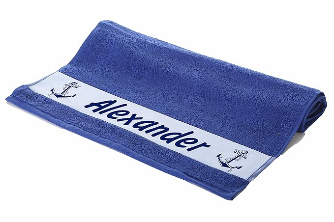 Werbetreff Gera Handtuch mit Name bedruckt, 100 x 50 cm, Motiv Maritim Anker Farbe blau, Royalblau, Matrose, Kreuzfahrt, Urla