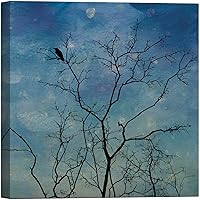 SIGNWIN Canvas Wall Art A Bird Perch on High Branch Tree with Twilight Blue and Violet Sky Nature Oil Painting Abstract Contemporary Dramatic Dark for Living Room, Bedroom, Office - 12x12 inches