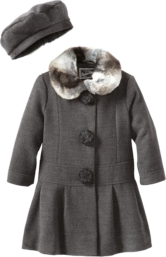 Rothschild Little Girls' Faux Rossette Wool Coat, Dark Charcoal, 2T Dress Coats