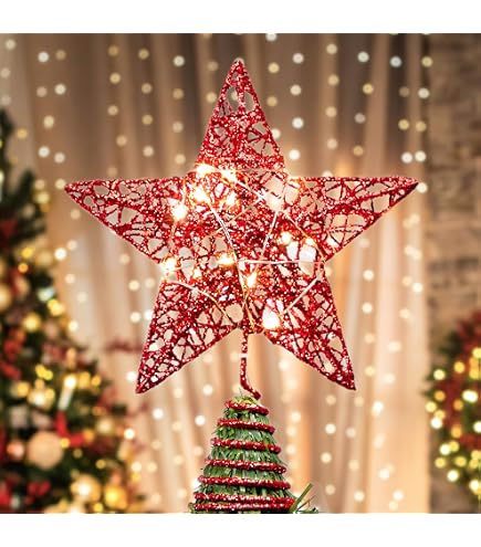 Lotus Hills Christmas Tree Topper Star - 3D LED Star With Red & Green Beads, Battery Operated, 8 Light Modes - View #9