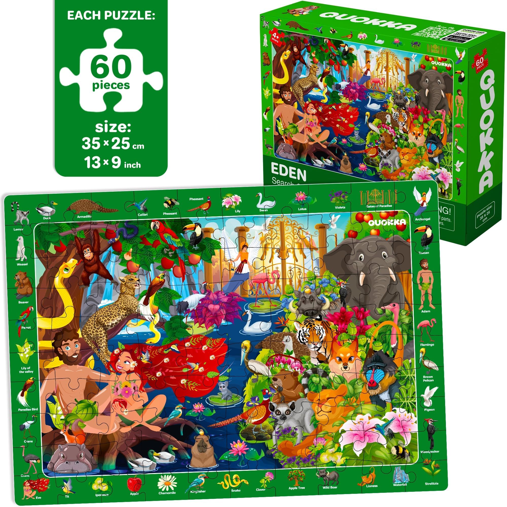 QUOKKA 60 Piece Kids Puzzles Ages 5-8 - Set of 4 Bible Jigsaw Puzzles for Kids 4-6-10 Year Old - Tower of Babel - Noah`s Ark - Eden Toys for Children 5-7 yo - Christian Gifts for Boys & Girls