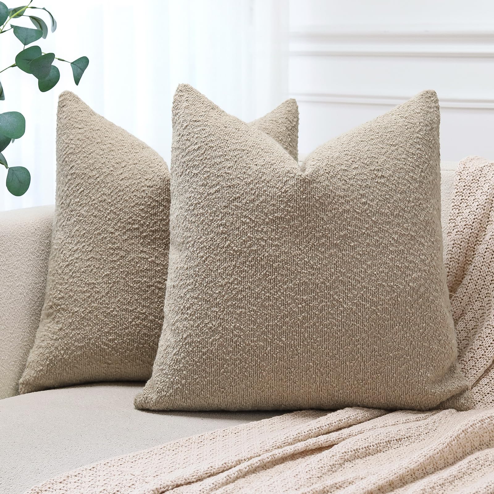 JOTOM Set of 2 Cushion Covers 45x45 cm Textured Boucle Camel Decorative Throw Pillow Covers 18x18 Inch Square Cushion Case Home Decor Pillowcases for Couch Sofa Living Room Bed (Camel)