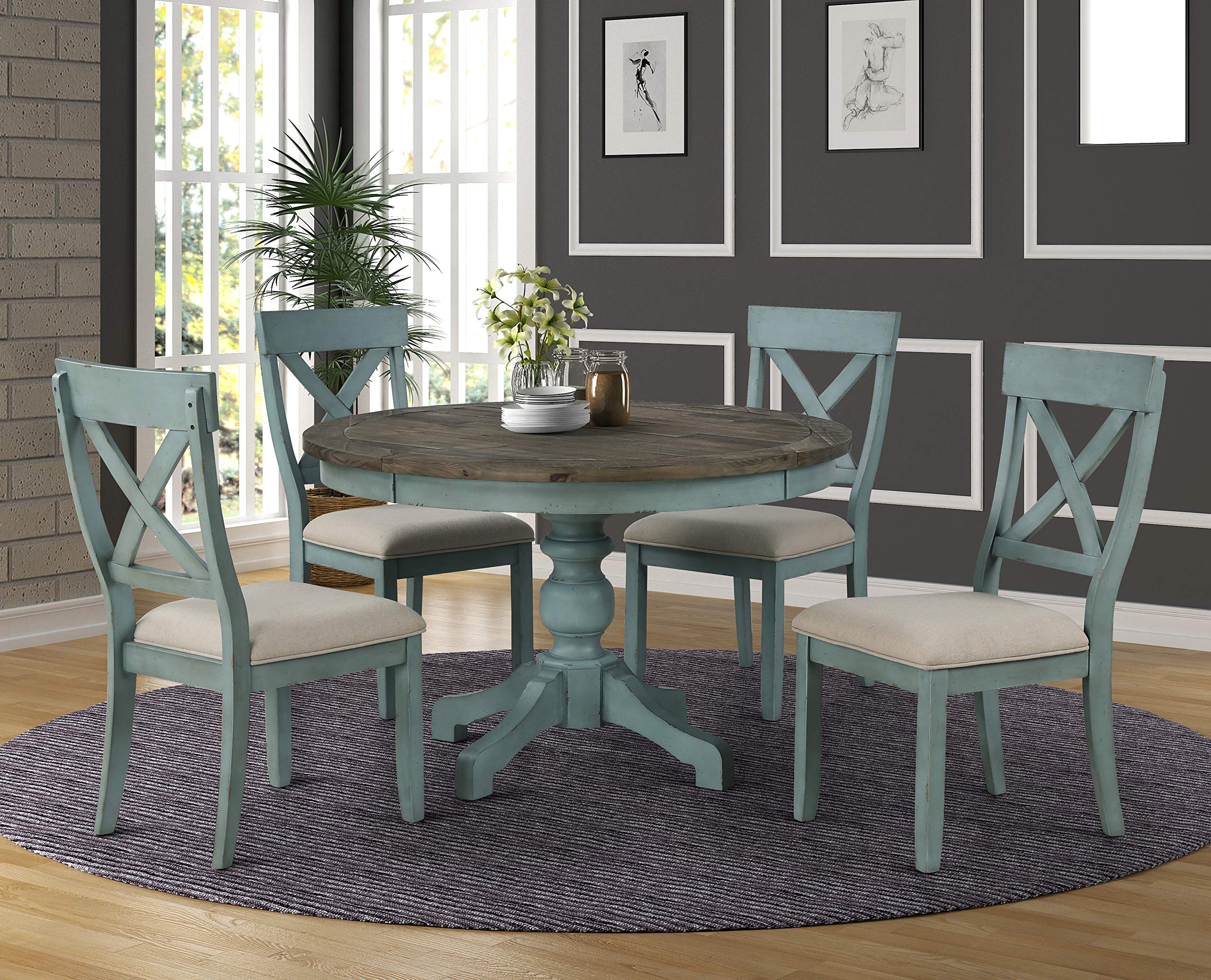View 1 of ***03 LARGE BOXES***Roundhill Furniture Prato 5-Piece Round Dining Table Set with Cross Back Chairs, Antique Blue and Weathered Walnut