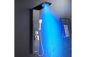 POPFLY Shower Panel Tower System with LED Mist＆Rain Shower Head, Bathroom Stainless Steel Shower Panel, 2 Body Massage Jets, Tub Spout, Matte Black Tower System