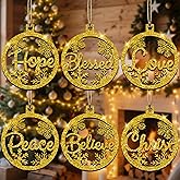 24 Pcs Shiny Wooden Hollow Christmas Ornaments Tree Decorations 6 Styles, Christian Laser Cut Hanging Ornaments Wooden Hollow Bible Verse Words Golden Glitter Tree Decor for Farmhouse, Xmas Gift
