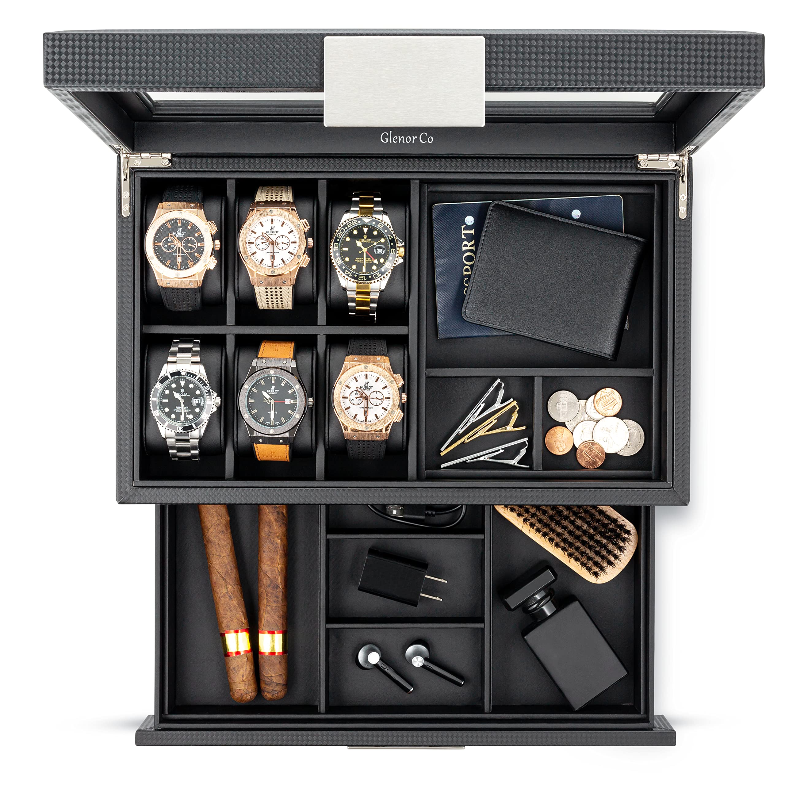 Glenor Co Valet Jewelry Box for Men - Holds 6 Watches, 12 cufflinks, 2 Sunglasses, Drawer & Tray Storage - Watch Case - Carbon Fiber design Organizer w Metal Accents & Large Glass Lid - Black