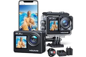 WOLFANG GA200 24MP 4K Action Camera 40M Waterproof Underwater Camera for Snorkeling, EIS WiFi Adjustable Wide Angle Dual Screen Camera for Vlog, Webcam(Charger, Remote Control and Helmet Accessories)