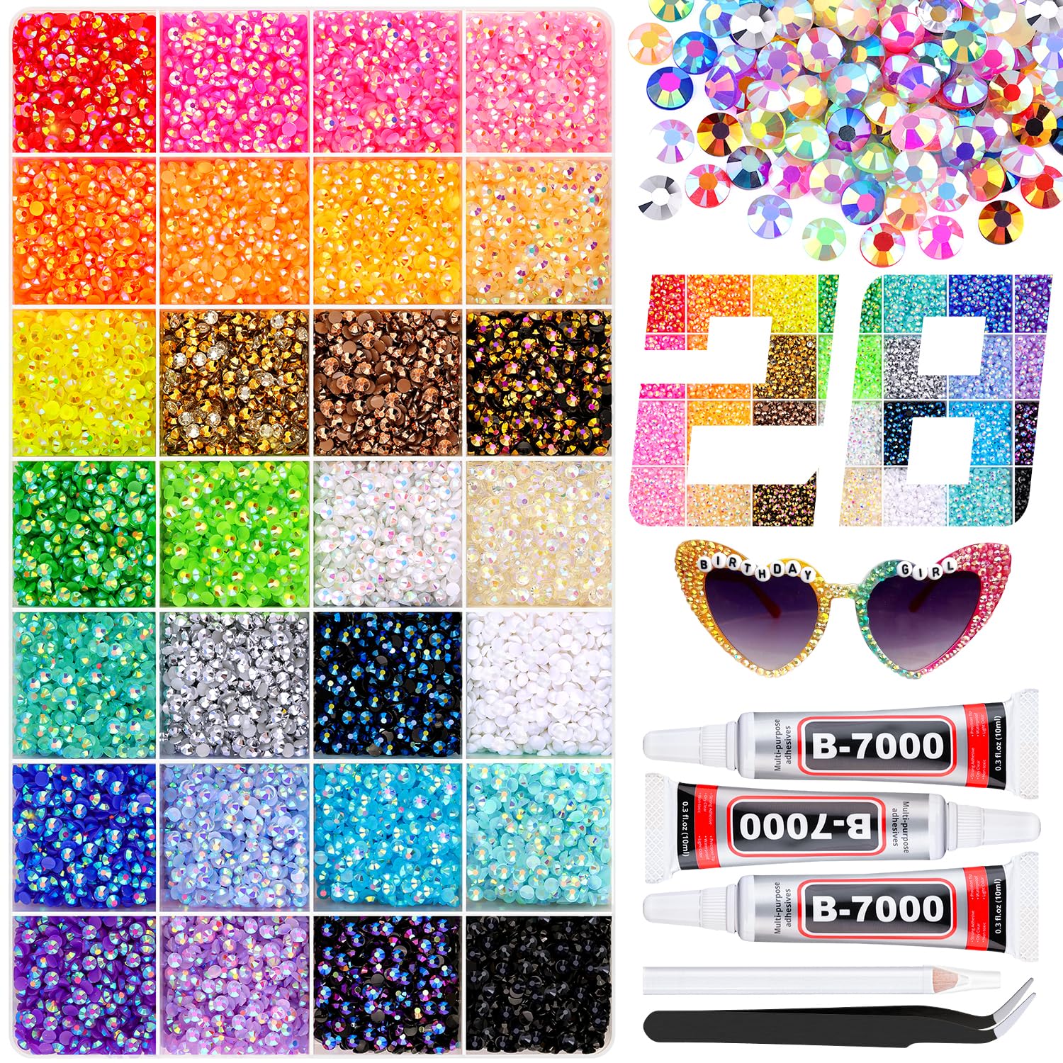 Photo 1 of 34000Pcs Resin Rhinestones with 3Pcs B7000 Jewelry Glue for Crafting, Multicolors 3mm Non Hotfix Flatback Gems, Bedazzling Crystal for DIY Crafts Clothing Tumblers Mugs Shoes Fabric Decor Nail Art