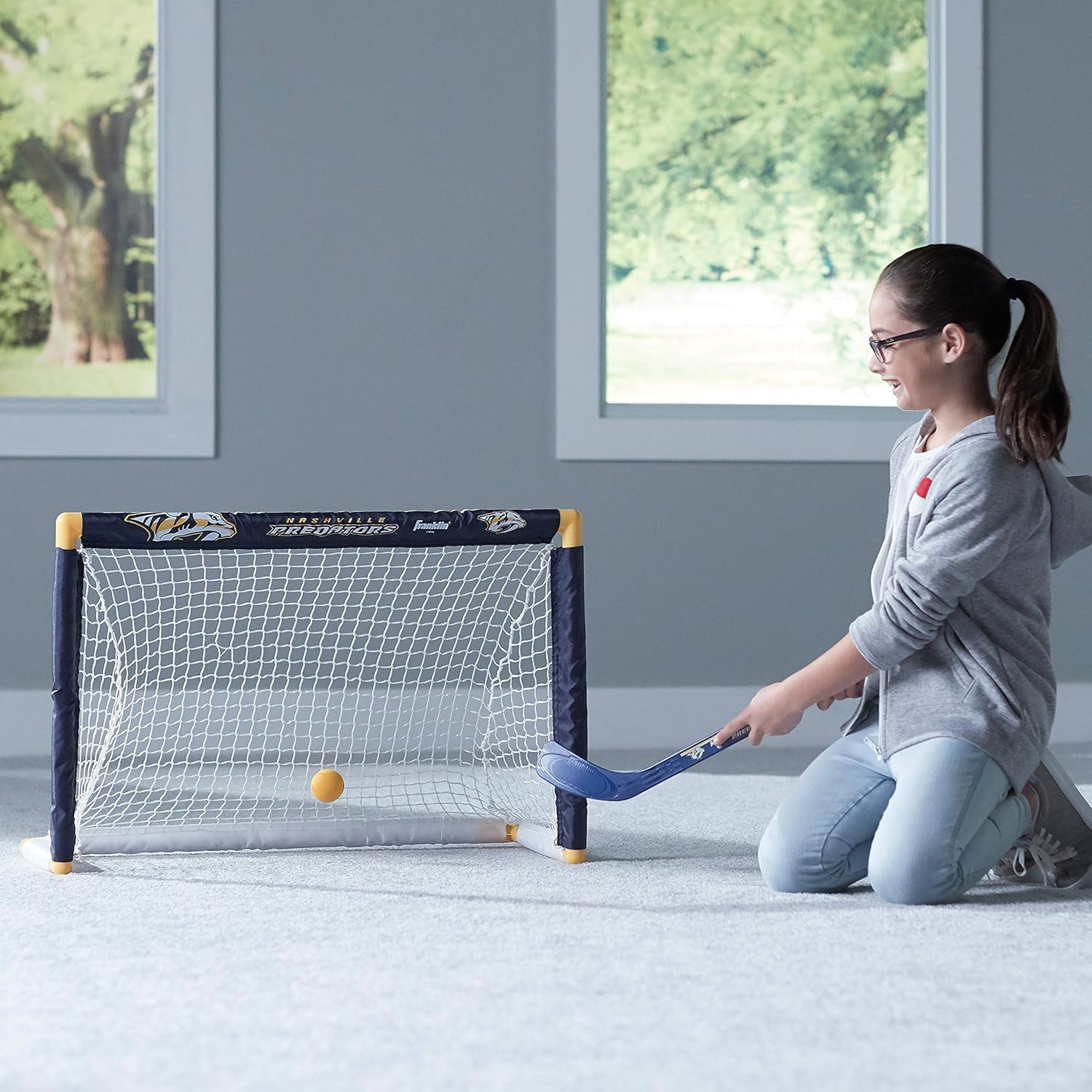 Franklin Sports Nashville Predators Mini Hockey Set - Knee Hockey Goal, Ball, & 2 Hockey Stick Combo Set - Mini Goal Net - NHL Official Hockey Set : Sports & Outdoors
