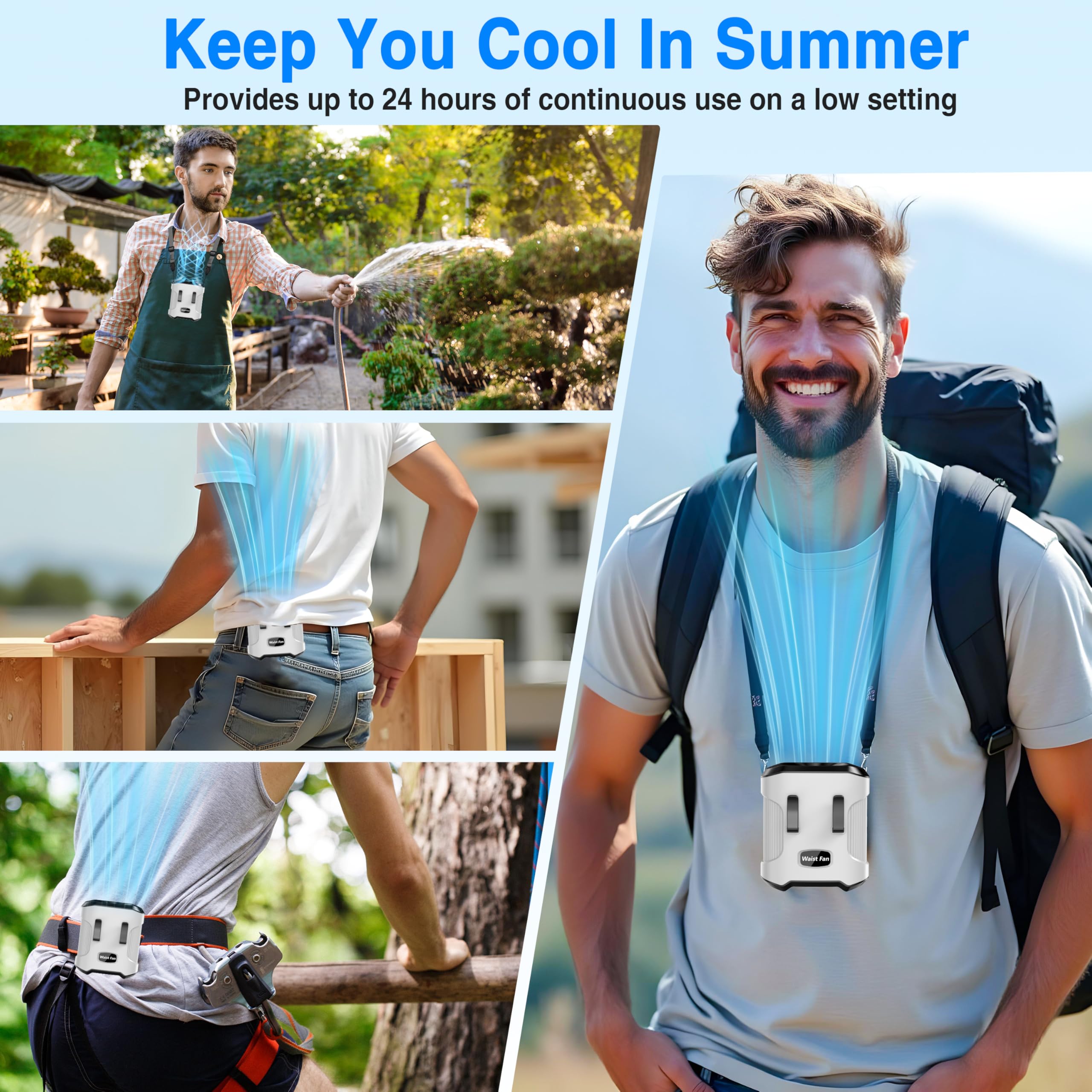 Sunoony Waist Fan Clip on Shirt Belt Body Wearable Hand-Free Rechargeable Battery Powered Fan with 3 Speed & Flashlight Cooling Portable Neck Fan for Outdoor Camping Travel