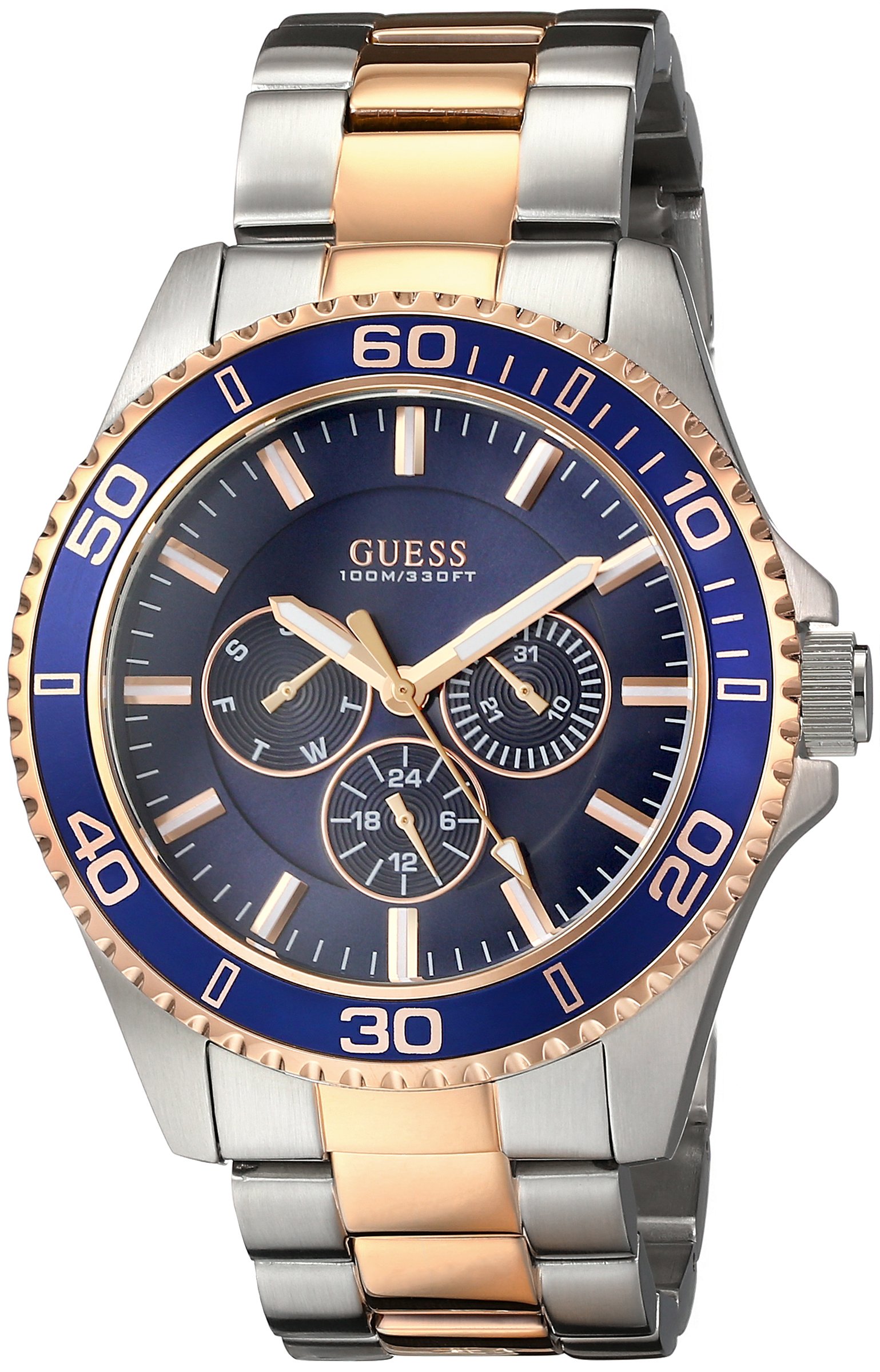 Guess Men U0172g3 Two Tone Rose Gold Tone Watch With Blue Mutli