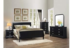 GTU Furniture 5pc Queen Size Sleigh Bedroom Set Louis Philippe Style in Black Finish (Black)