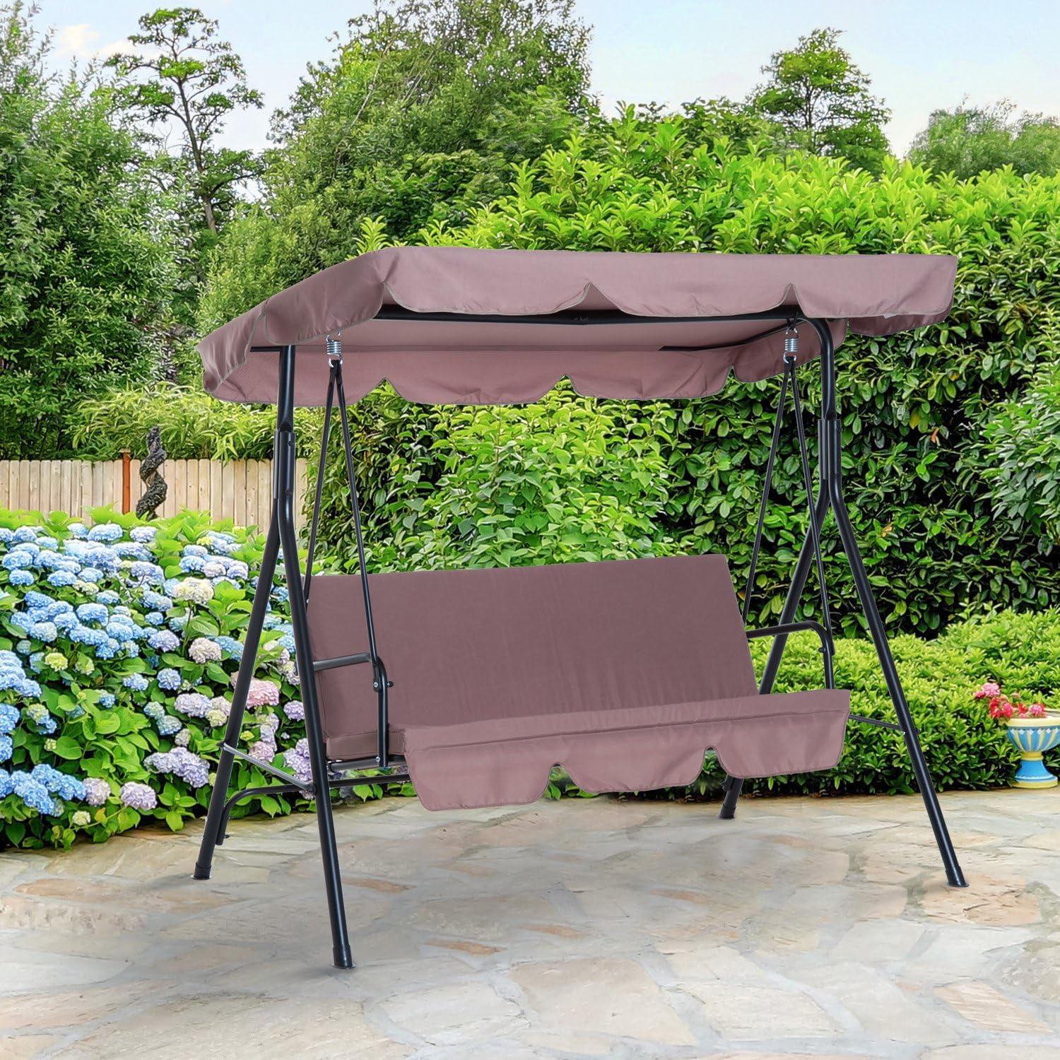Outsunny 3 Seater Swing Chair with Adjustable Canopy, Garden Swing Seat with Steel Frame, Padded Seat, Brown - Image 4