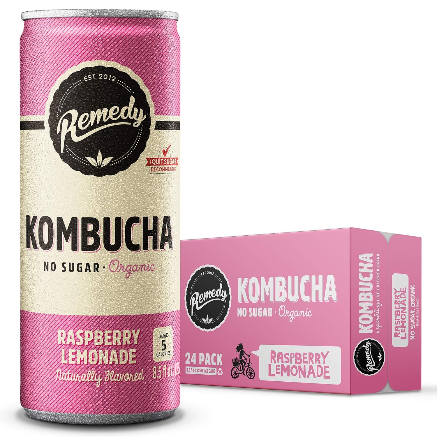 Remedy Raw Organic Kombucha Tea - Sparkling Live Cultured Drink - Sugar Free Raspberry Lemonade - 8.5 Fl Oz Can, 24-Pack