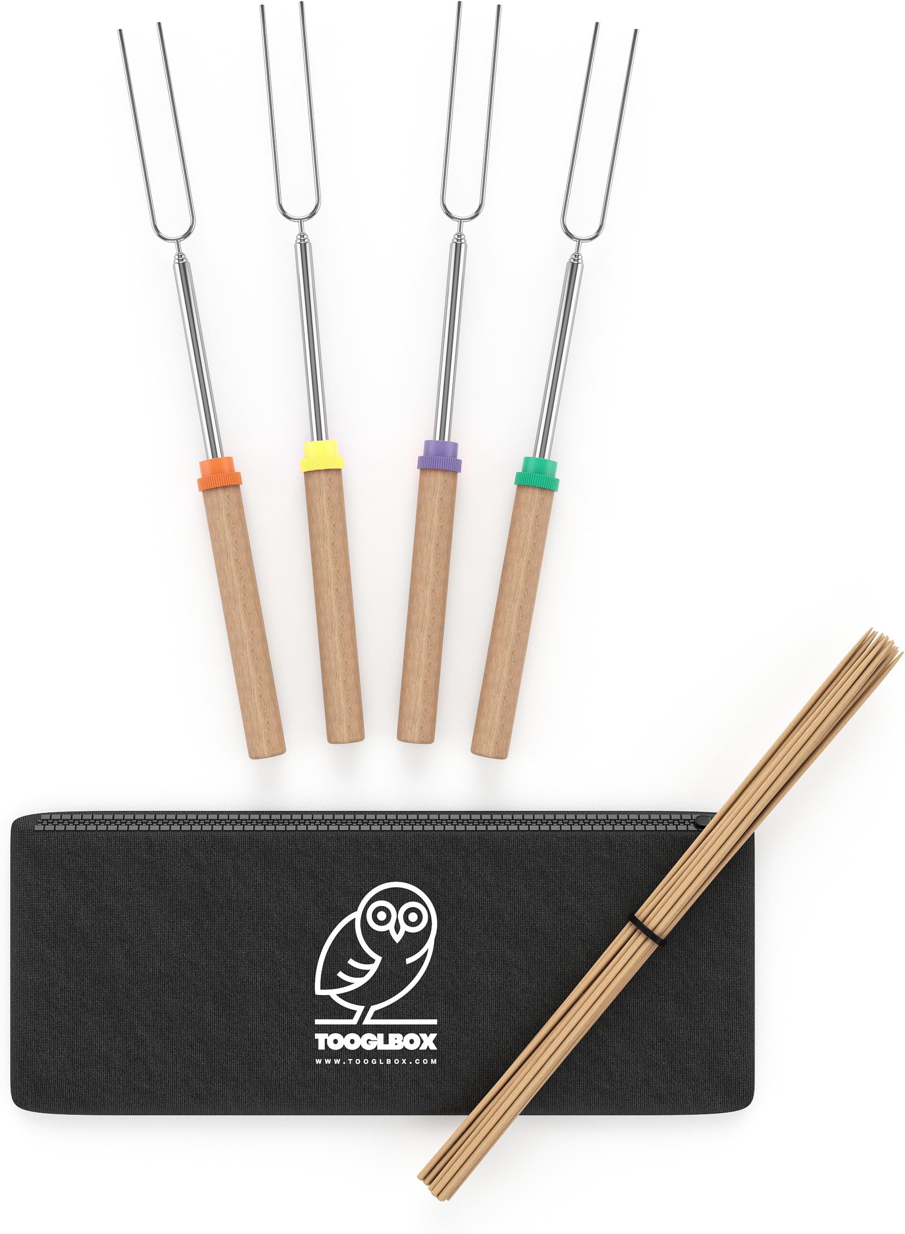 TooglBox - 4 Piece 32 Inch Marshmallow Roasting Stick - Telescoping Stainless Steel Cookware Set-Forks for Smores & Hot Dogs - Bonus 20 Bamboo skewers, Bag (4)